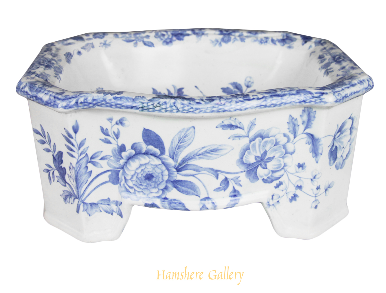 Click for larger image: A 19th century blue and white Spode / Copeland & Garett New Blanche “British Flowers” pattern dog bowl - A 19th century blue and white Spode / Copeland & Garett New Blanche “British Flowers” pattern dog bowl