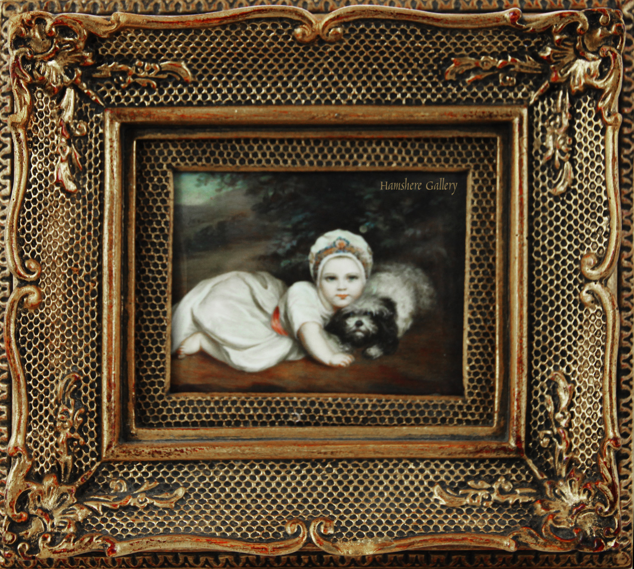 Click for larger image: An ivory miniature of Princess Sophia Matilda of Gloucester (1773-1844) and her Maltese after Sir Joshua Reynolds PRA (English, 1723-1792) - An ivory miniature of Princess Sophia Matilda of Gloucester (1773-1844) and her Maltese after Sir Joshua Reynolds PRA (English, 1723-1792)<br />
