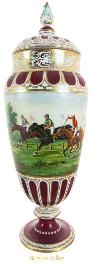 Click for larger image: A horse racing vase painted by P Robiger for Dresden - A horse racing vase painted by P Robiger for Dresden<br />
