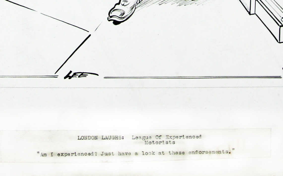 Click for larger image: A 1930’s Motoring / automobile / League of Experienced Motorists pen and ink cartoon drawing by Joseph (Joe) Lee (English, 1919-1975) for The London Evening News. - A 1930’s Motoring / automobile / League of Experienced Motorists pen and ink cartoon drawing by Joseph (Joe) Lee (English, 1919-1975) for The London Evening News.