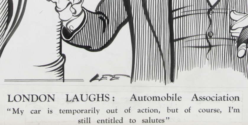 Click for larger image: A 1930’s Motoring / automobile / Automobile Association pen and ink cartoon drawing by Joseph (Joe) Lee (English, 1919-1975) for The London Evening News. - A 1930’s Motoring / automobile / Automobile Association pen and ink cartoon drawing by Joseph (Joe) Lee (English, 1919-1975) for The London Evening News.<br />
