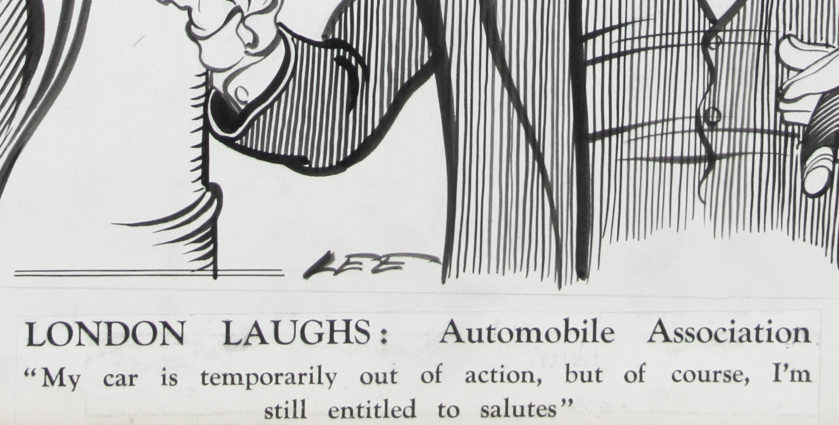 Click for larger image: A 1930’s Motoring / automobile / Automobile Association pen and ink cartoon drawing by Joseph (Joe) Lee (English, 1919-1975) for The London Evening News. - A 1930’s Motoring / automobile / Automobile Association pen and ink cartoon drawing by Joseph (Joe) Lee (English, 1919-1975) for The London Evening News.<br />
