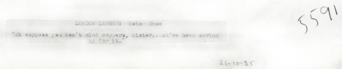 Click for larger image: A 1930’s Motoring / automobile / Motor Show pen and ink cartoon drawing by Joseph (Joe) Lee (English, 1919-1975) for The London Evening News. - A 1930’s Motoring / automobile / Motor Show pen and ink cartoon drawing by Joseph (Joe) Lee (English, 1919-1975) for The London Evening News.<br />
