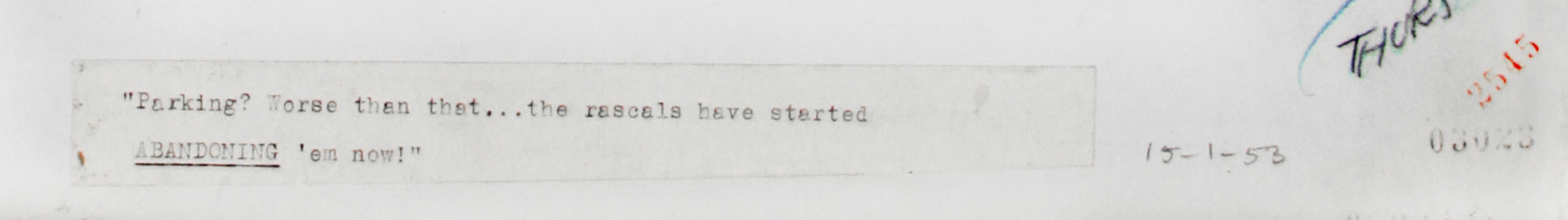 Click for larger image: A 1950’s Motoring / automobile pen and ink with blue water wash cartoon drawing by Joseph (Joe) Lee (English, 1919-1975) for The London Evening News. - A 1950’s Motoring / automobile pen and ink with blue water wash cartoon drawing by Joseph (Joe) Lee (English, 1919-1975) for The London Evening News.