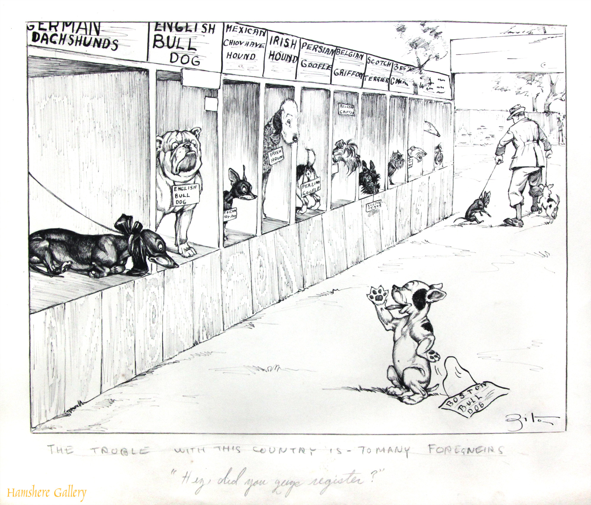 Click to see full size: A circa 1930’s pen and ink humorous canine dog / dog show / Boston / Dachshund / Bulldog / Scottish Terrier cartoon drawing by Vincenzo (Vincent) Maria Zito (European/American 1900-1966)