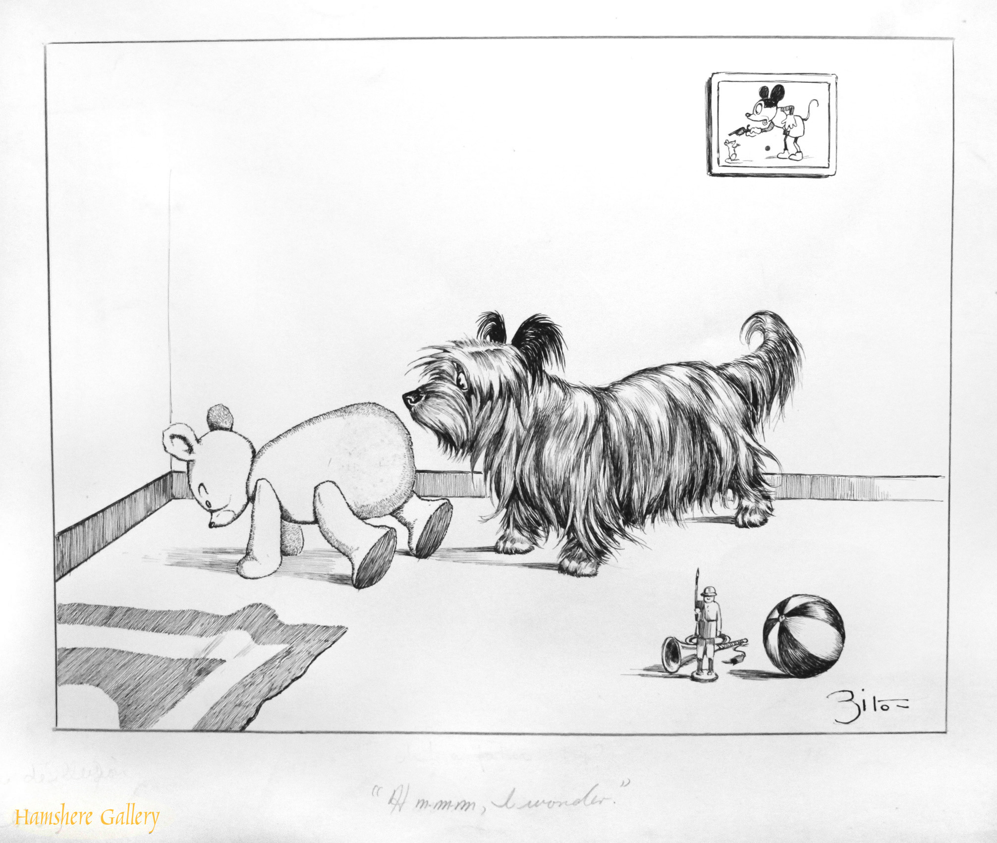 Click to see full size: A circa 1930’s pen and ink humorous canine dog / Skye Terrier cartoon drawing by Vincenzo (Vincent) Maria Zito (European/American 1900-1966)