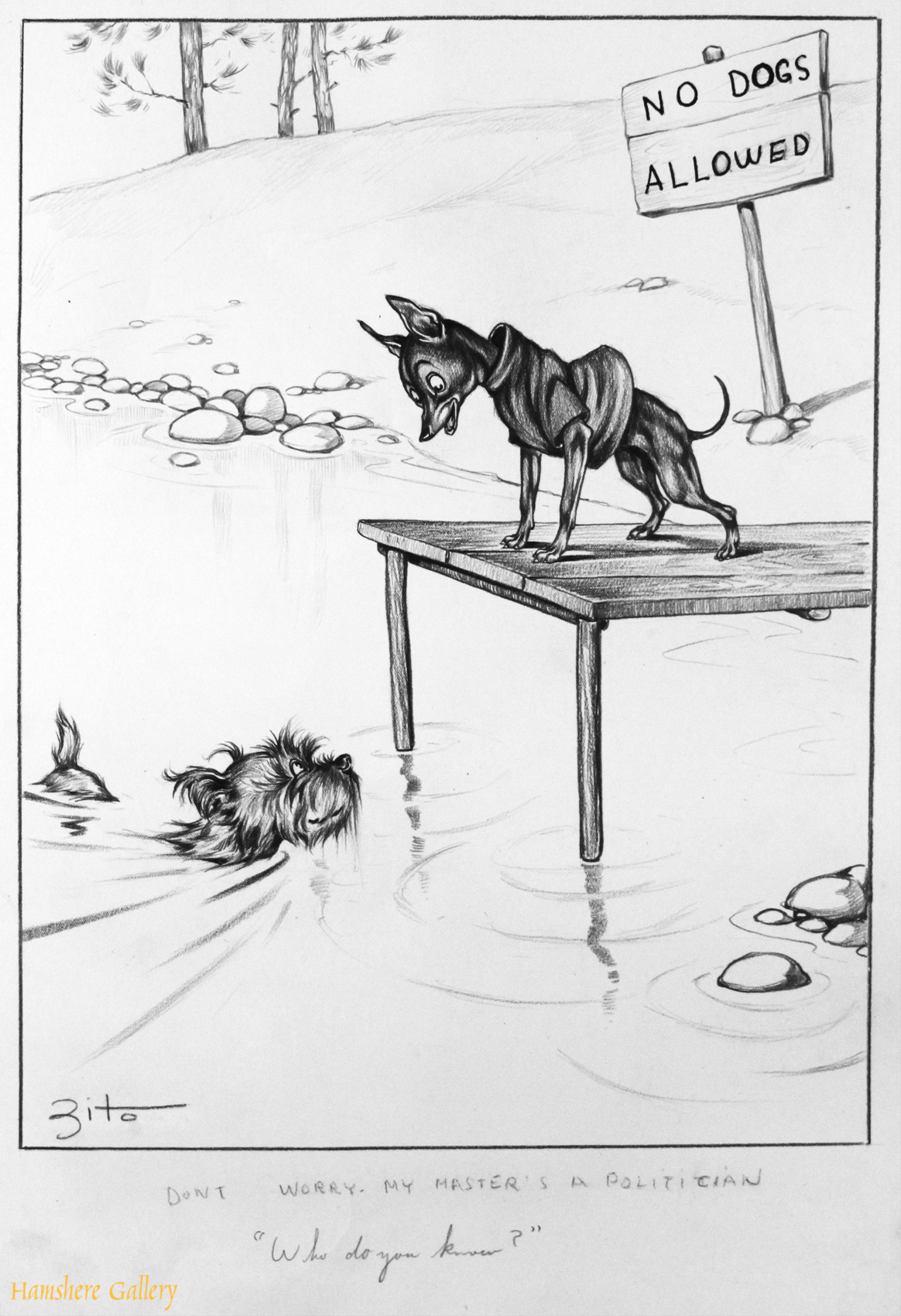 Click to see full size: A circa 1930’s pen and ink humorous canine dog / Chihuahua hunting cartoon drawing by Vincenzo (Vincent) Maria Zito (European/American 1900-1966