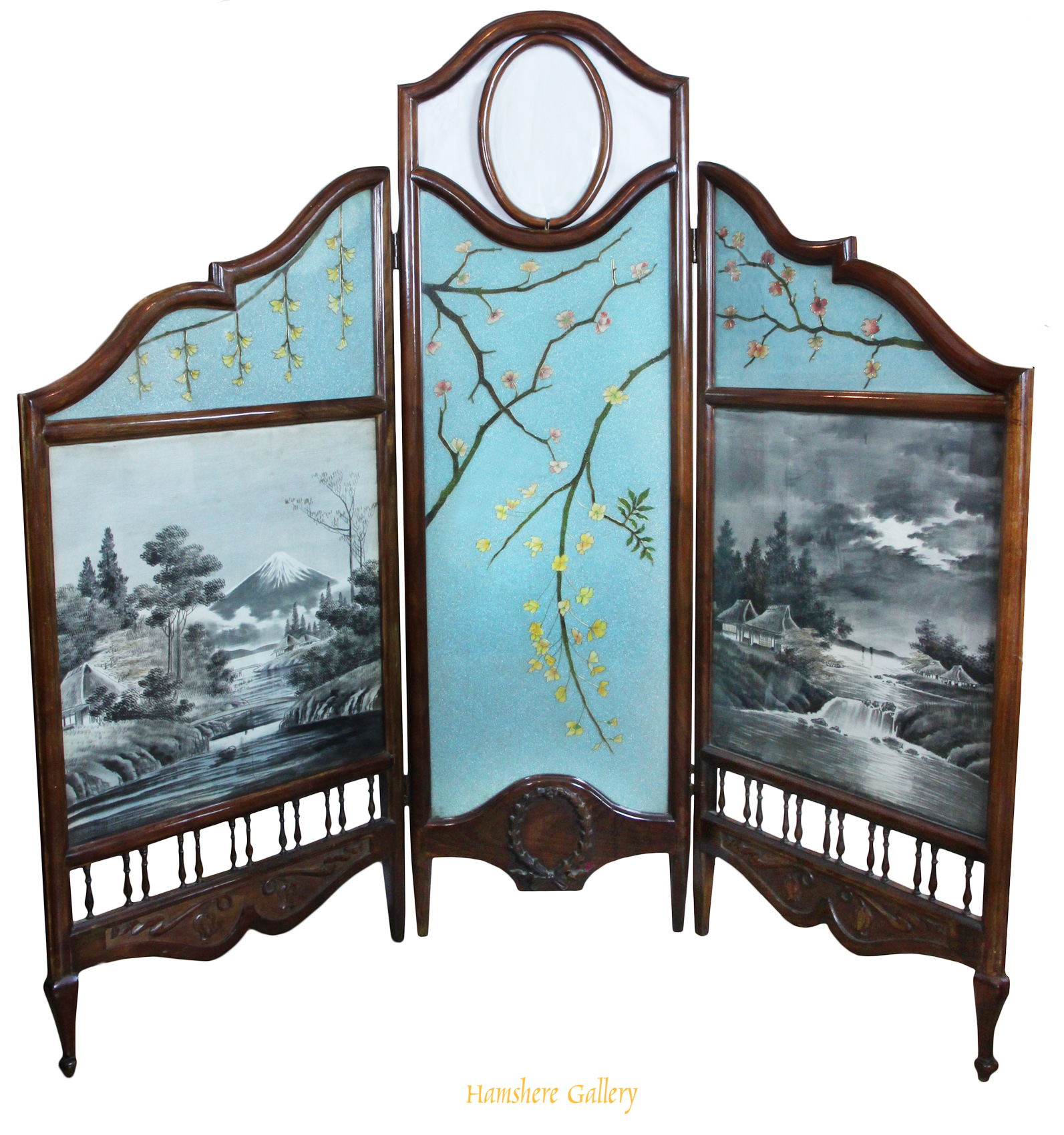 Click to see full size: Late 19th century three-fold screen with Japanese Yuzen Birodo (Yuzen-dyed cut velvet) and Art Nouveau beaded glass panels