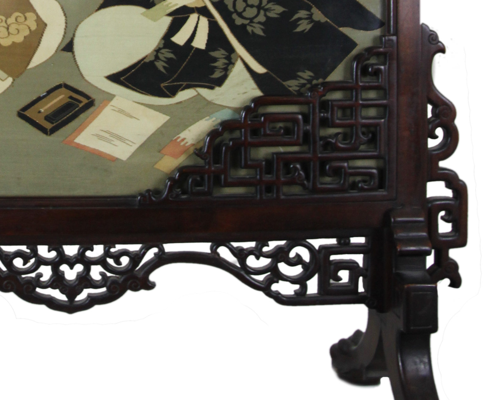 Click to see full size: A Japanese Meiji period woven tapestry / textile of bijin and seated scholars within Gabriel Viardot (French, 1830-1906) dragon fire screen