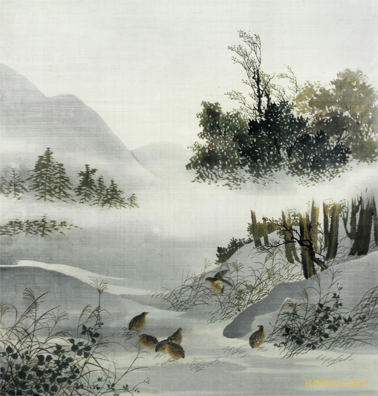 Click to see full size: A Meiji period, Japanese Yuzen Birodo (Yuzen-dyed cut velvet) textile of quails in landscape scene