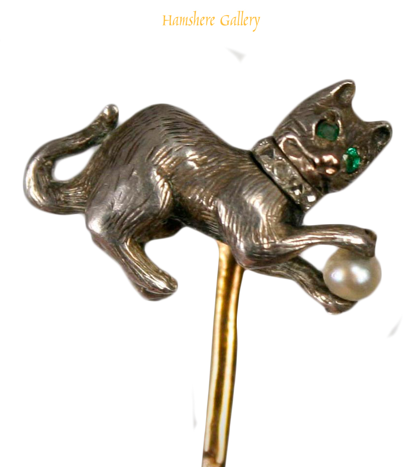 Click to see full size: Silver Cat Stick Pin with old cut Emerald eyes- Silver Cat Stick Pin with old cut Emerald eyes