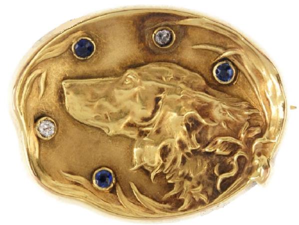 Click to see full size:  Art Nouveau French 18 carat gold and gem set Setter brooch STOLEN
