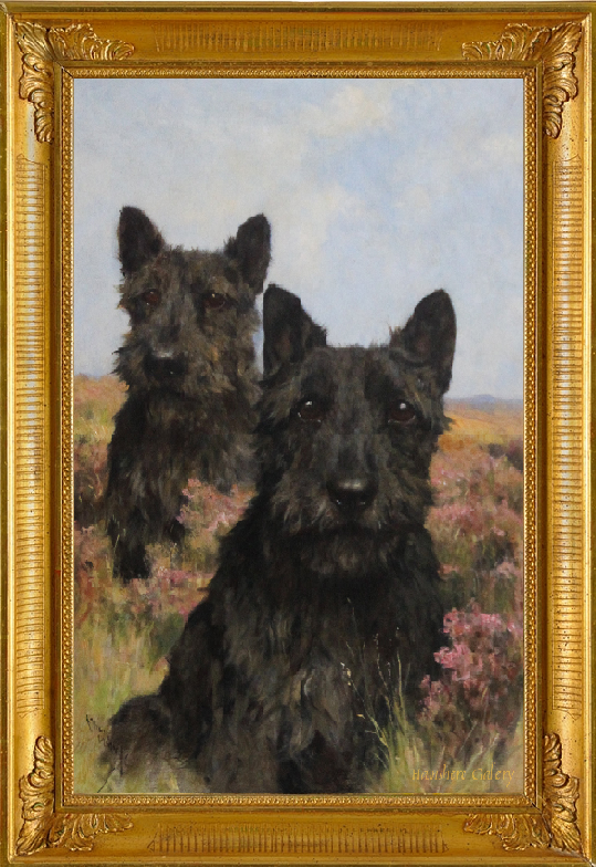 Click for larger image: Oil on canvas of a pair of Scottish Terriers by Arthur Wardle, R.I., R.B.C. (1864-1949) - Oil on canvas of a pair of Scottish Terriers by Arthur Wardle, R.I., R.B.C. (1864-1949)