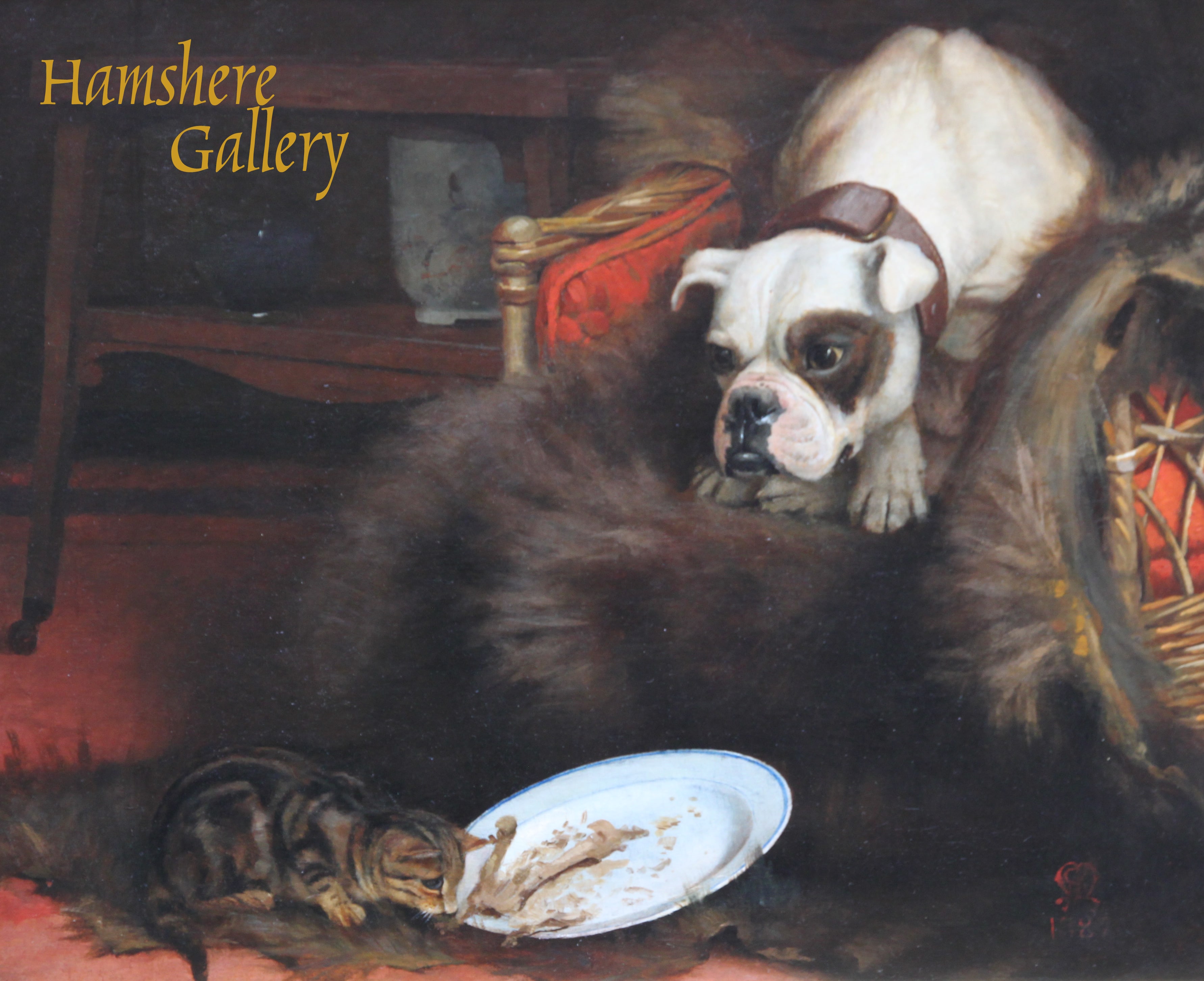 Click to see full size: Oil on canvas of an English Bulldog and cat by Horatio Henry Couldery (1832 - 1893)