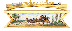 Click to see full size: Unusual circa 1905 brooch in gold and enamel coaching / carriage scene of four-in-hand with passenger aboard speeding along a country road