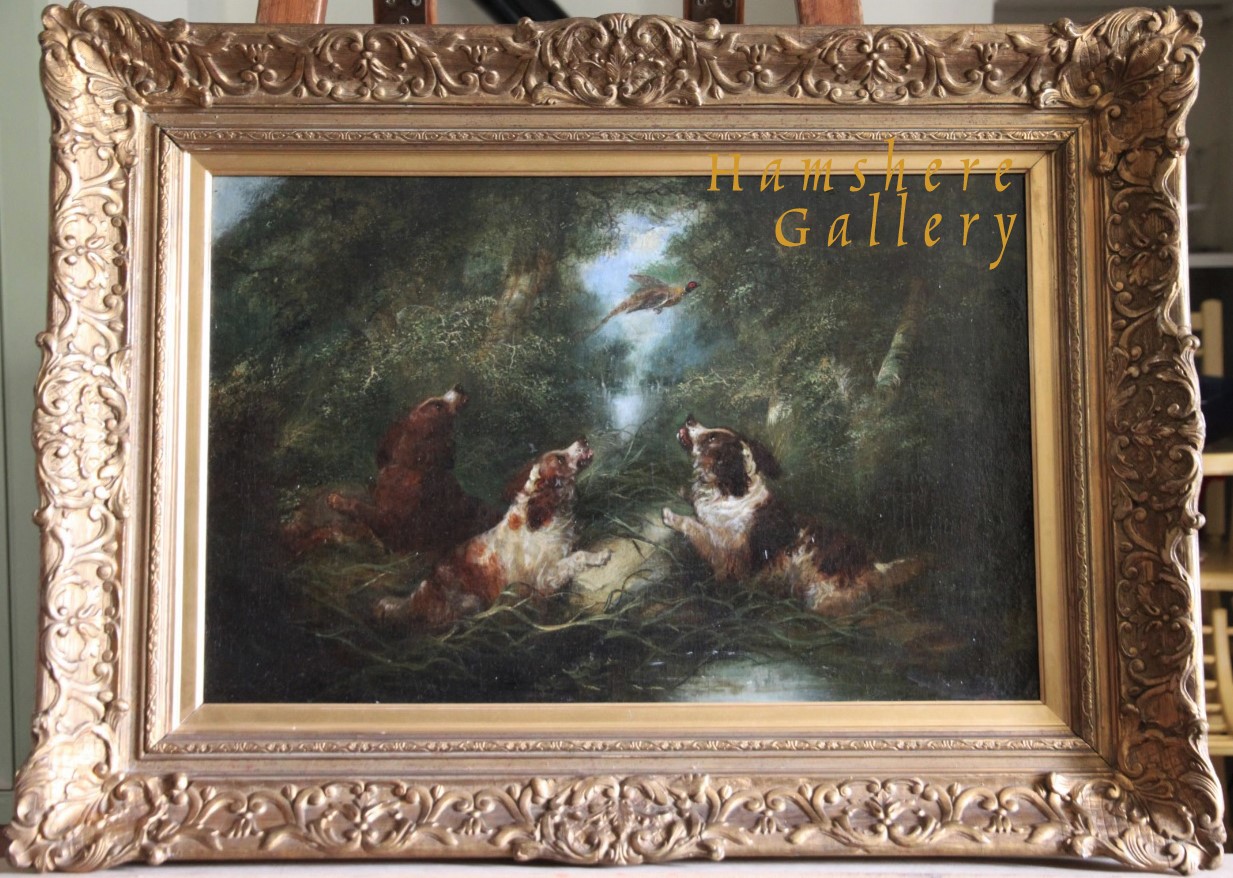 Click for larger image: An oil of three Spaniels setting a pheasant by George Armfield Smith - An oil of three Spaniels setting a pheasant by George Armfield Smith