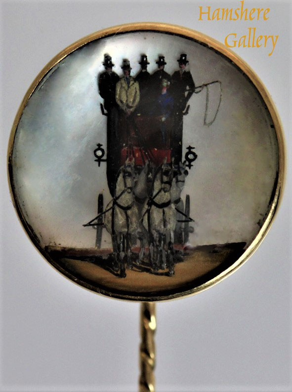 Click to see full size: A late 19th century reverse intaglio crystal coaching / carriage / four in hand gold brooch- A late 19th century reverse intaglio crystal coaching / carriage / four in hand gold brooch