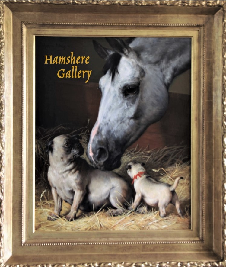 Click for larger image: An oil of a dapple grey horse and Pugs by Julius von Blaas - An oil of a dapple grey horse and Pugs by Julius von Blaas