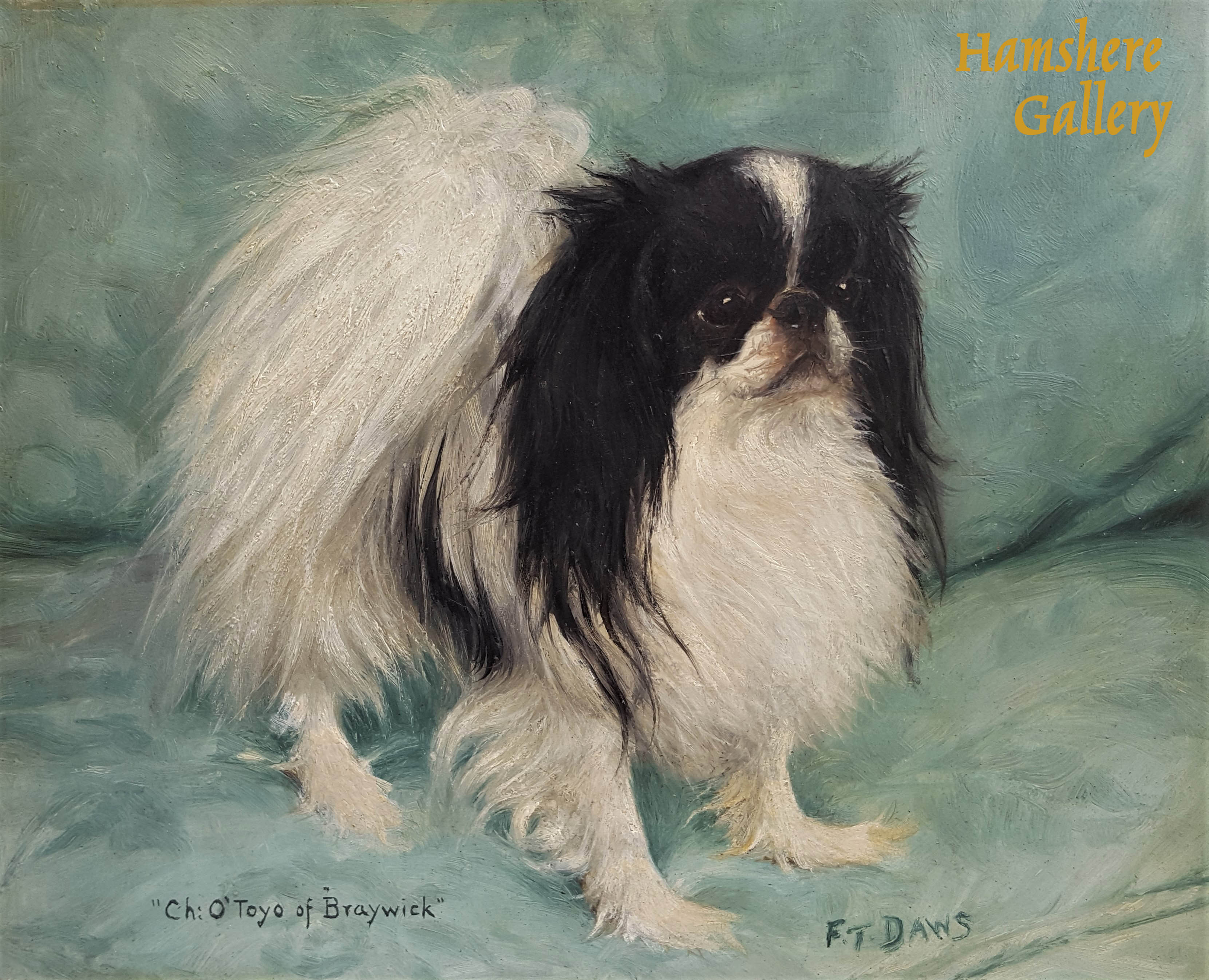 Click to see full size:  Champion OToyo of Braywick, Japanese Chin oil by Frederick Thomas Daws (English, 1878-1949)