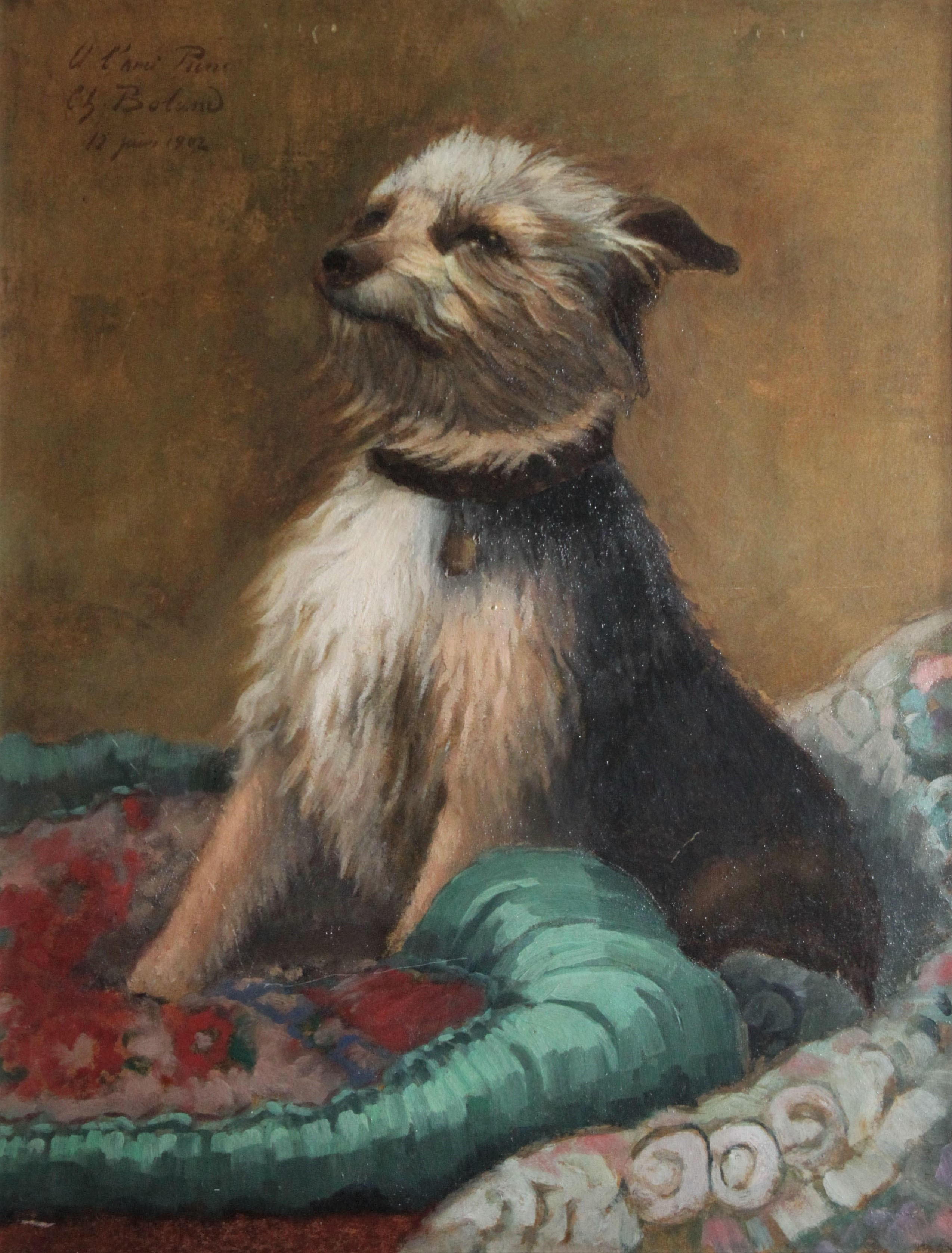 Click to see full size: Affenpinscher oil by Charles H D Boland (Belgium, c1850-?)