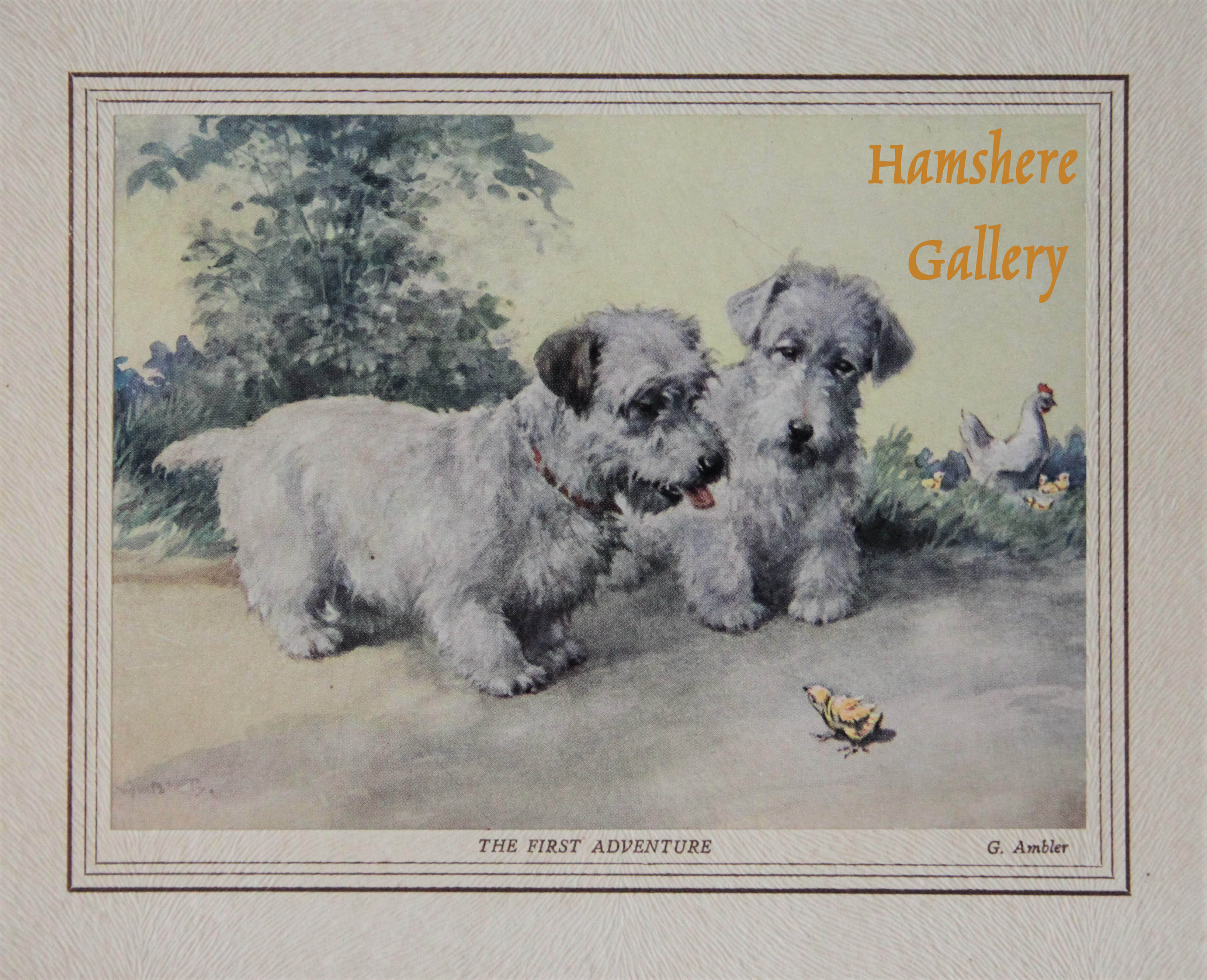 Click to see full size:    â€œThe First Adventureâ€, a lithograph Christmas card of a pair of Sealyham Terriers design by Christopher Gifford Ambler (English, 1886-1965)