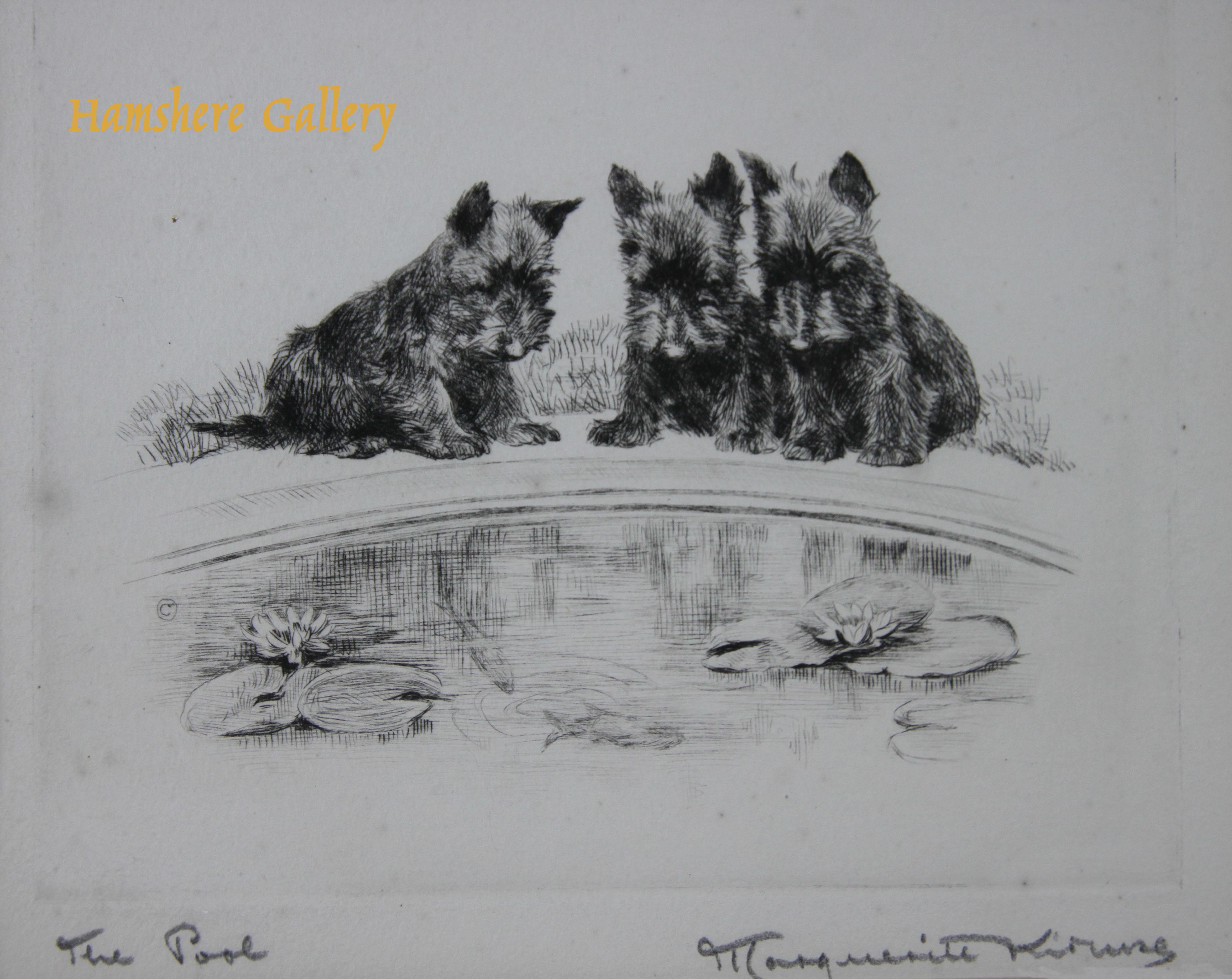 Click to see full size: Scottish Terrier pen and ink drawing  “The Pool” by Marguerite Kirmse (English, 1885 -1954) 