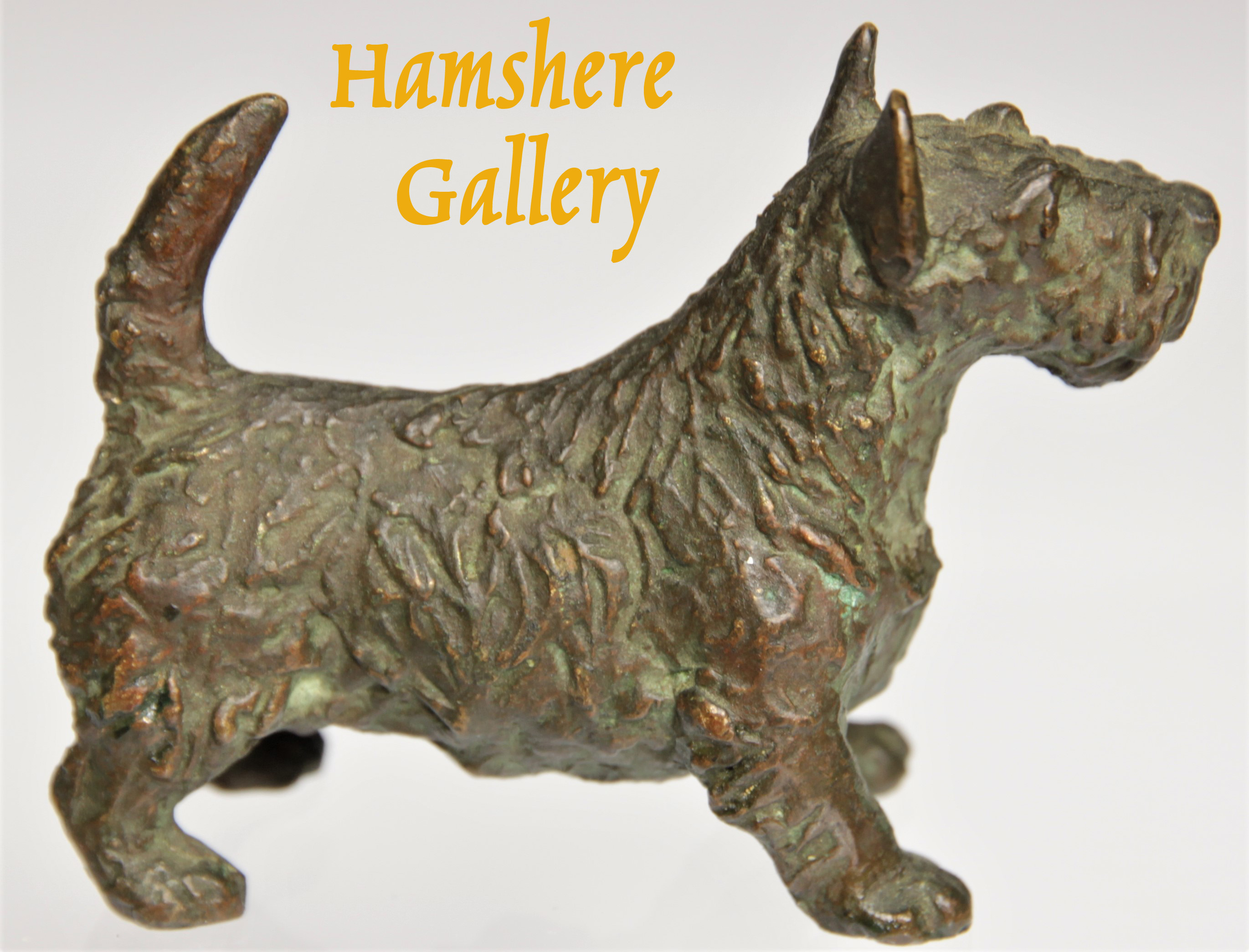 Click to see full size:    Gorham foundry standing Scottish Terrier bronze after Marguerite Kirmse (English, 1885-1954)