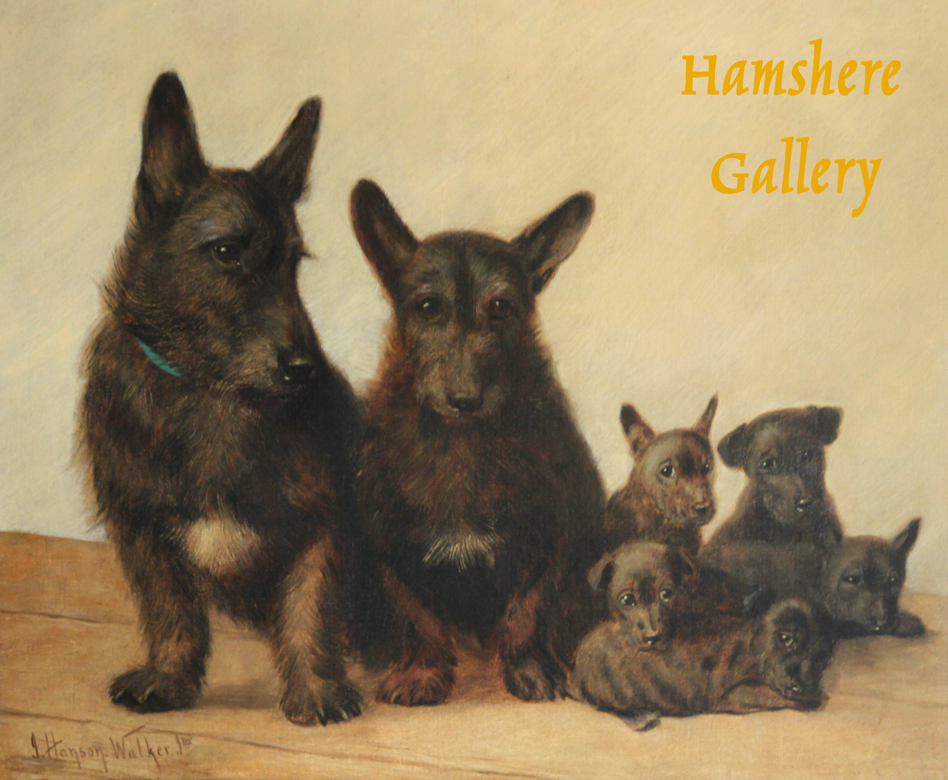 Click to see full size: Oil on canvas of a Scottish Terrier family by John Hanson Walker Jnr- Oil on canvas of a Scottish Terrier family by John Hanson Walker Jnr