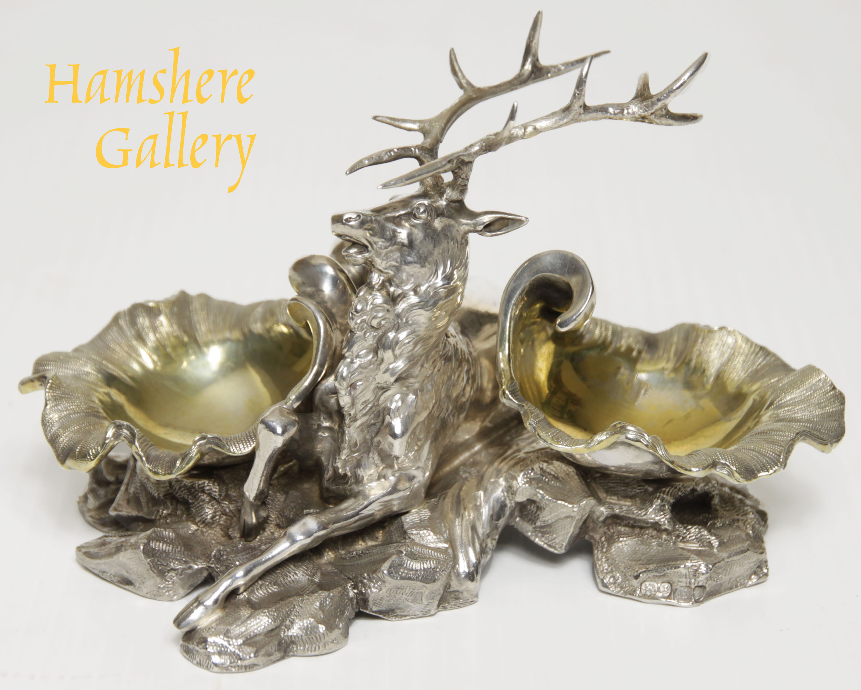 Click to see full size: A very fine mid-19th century,  Victorian silver deer / stag salts by John Samuel Hunt, (English, 1785-1865)