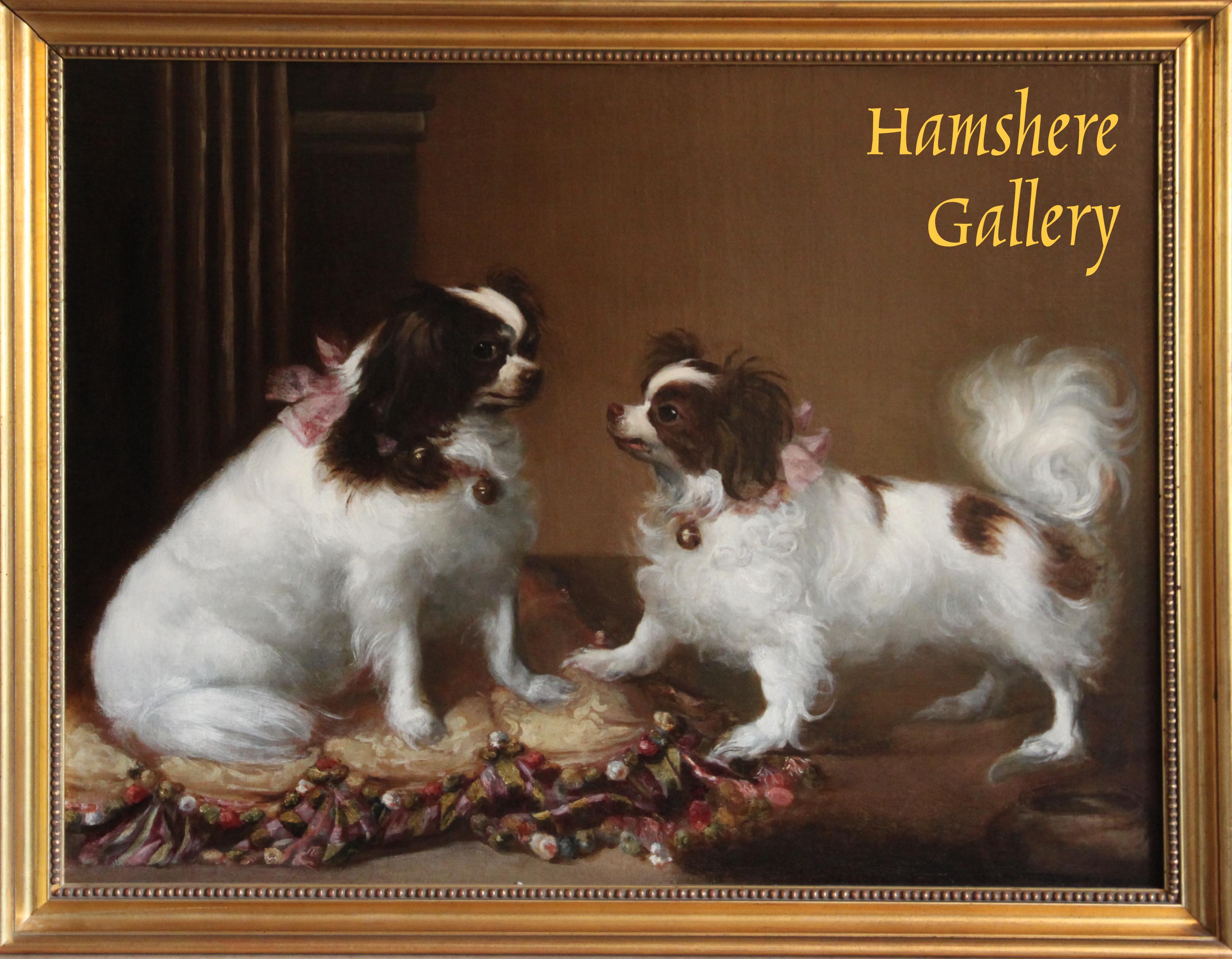 Click to see full size: Oil on canvas of a pair of Phalane / King Charles Spaniel by Jacob Philippe Hackert (German, 1737 - 1807)- Oil on canvas of a pair of Phalane / King Charles Spaniel by Jacob Philippe Hackert (German, 1737 - 1807)