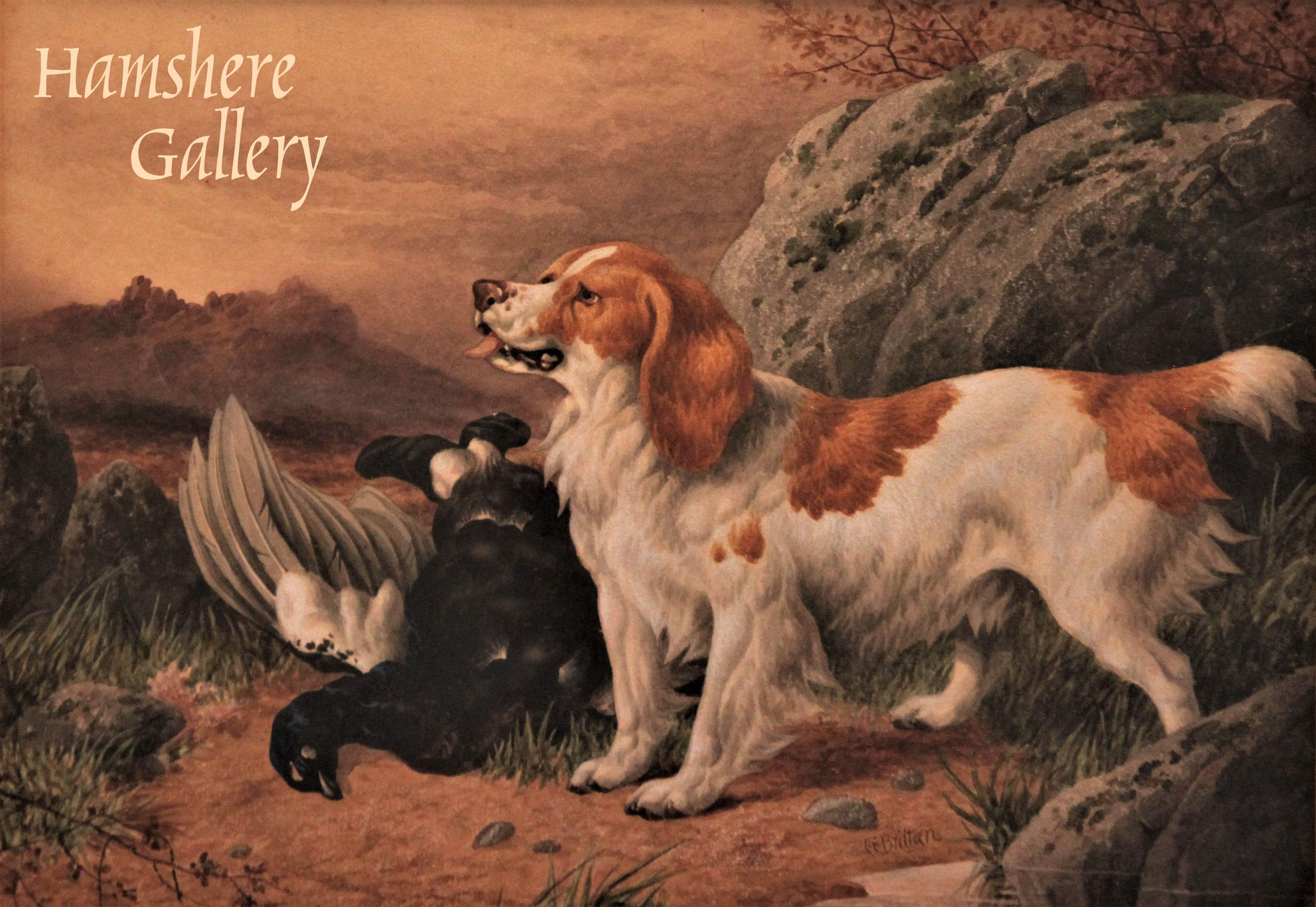 Click to see full size: A 19th century watercolour of a Welsh Springer Spaniel and black partridge by Charles Edward Britan Snr (English, 1837-1888)- A 19th century watercolour of a Welsh Springer Spaniel and black partridge by Charles Edward Britan Snr (English, 1837-1888)