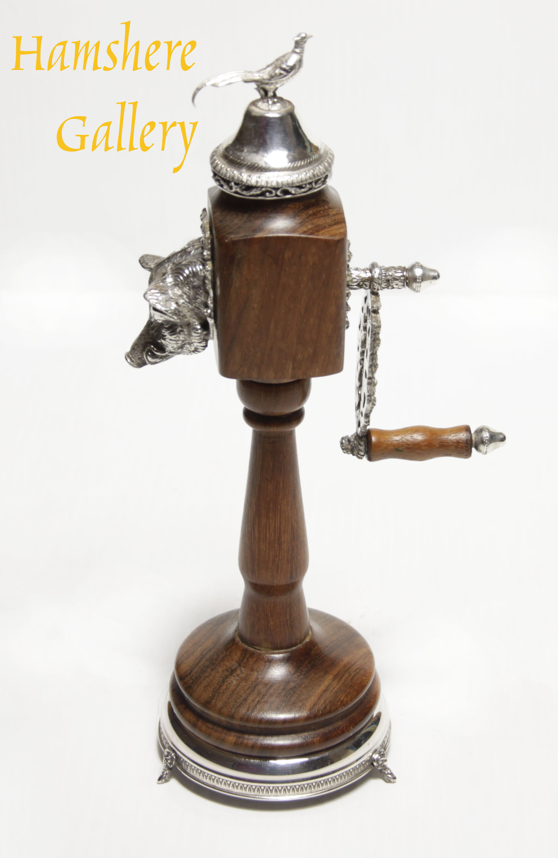 Click to see full size: A french musical pepper grinder with silver boar and pheasant detail- A french musical pepper grinder with silver boar and pheasant detail