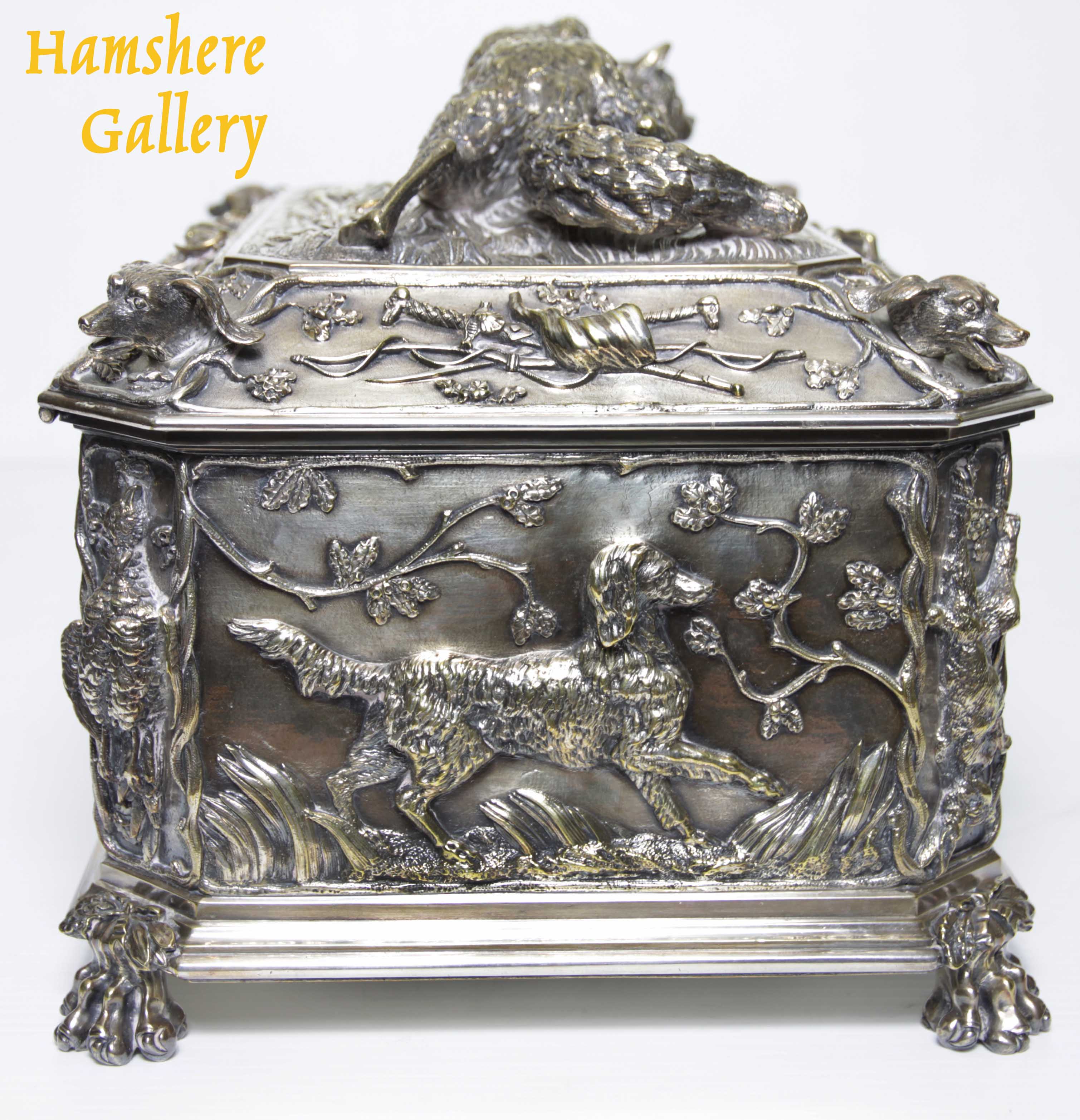 Click to see full size: A very large, French, 19th century, silver bronze hunting / â€œLa Chasseâ€ jewellery box / casket of boar, fox, hound and game bird, attributable to Jules Moigniez (French, 1835-1894)- A very large, French, 19th century, silver bronze hunting / â€œLa Chasseâ€ jewellery box / casket of boar, fox, hound and game bird, attributable to Jules Moigniez (French, 1835-1894)