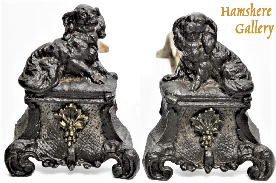Click to see full size: A very rare pair of 19th century, French, bronze King Charles Cavalier Spaniel chenets / fire dogs / andirons- A very rare pair of 19th century, French, bronze King Charles Cavalier Spaniel chenets / fire dogs / andirons