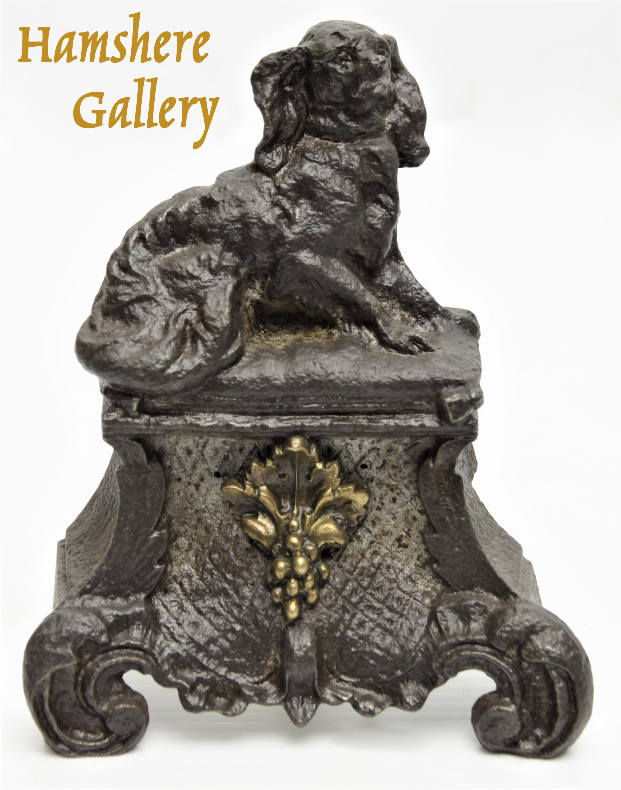 Click for larger image: A very rare pair of 19th century, French, bronze King Charles Cavalier Spaniel chenets / fire dogs / andirons - A very rare pair of 19th century, French, bronze King Charles Cavalier Spaniel chenets / fire dogs / andirons
