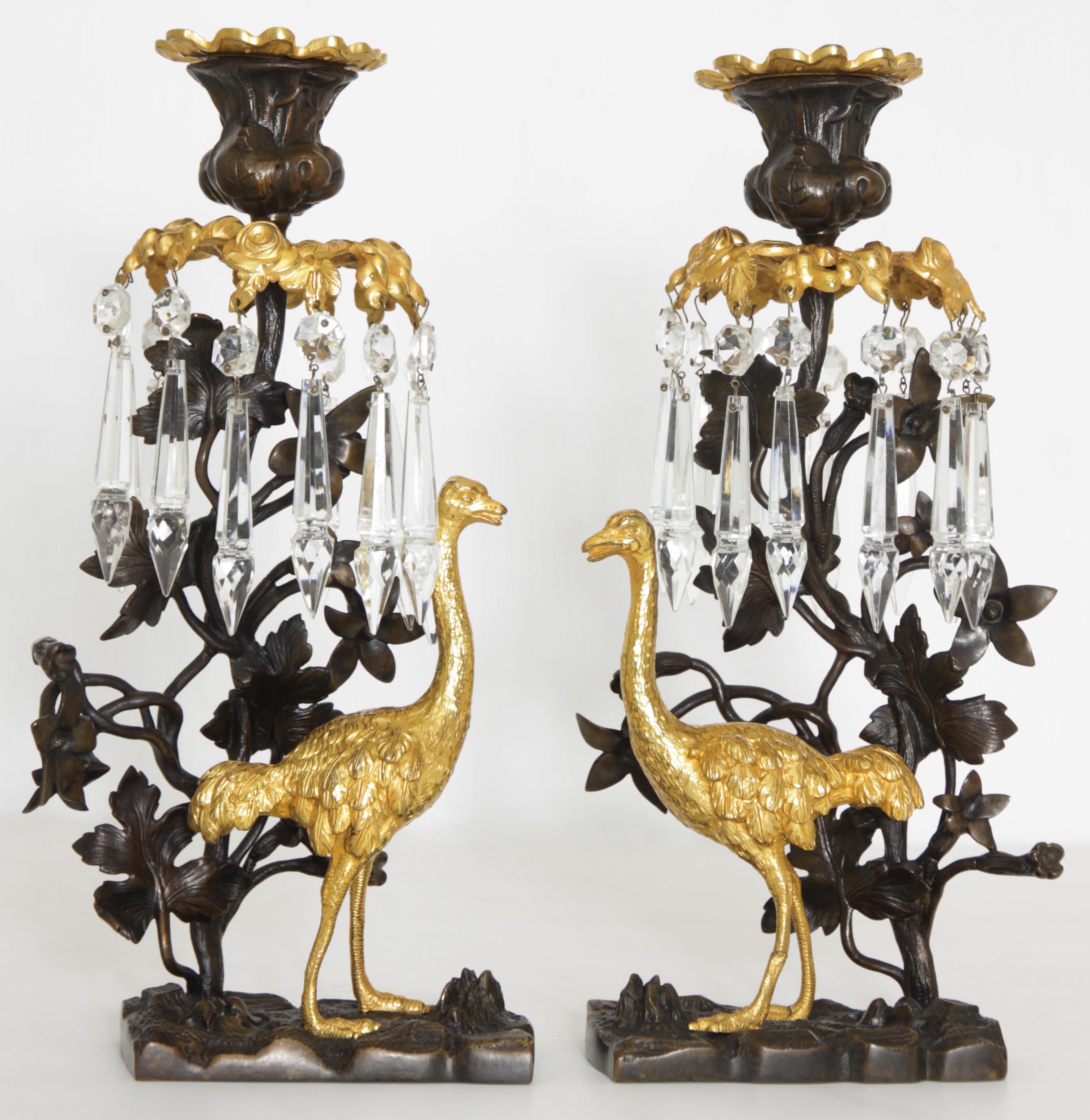 Click to see full size: A pair early 19th century Ostrich bronze, ormolu cut glass candlesticks / sconces