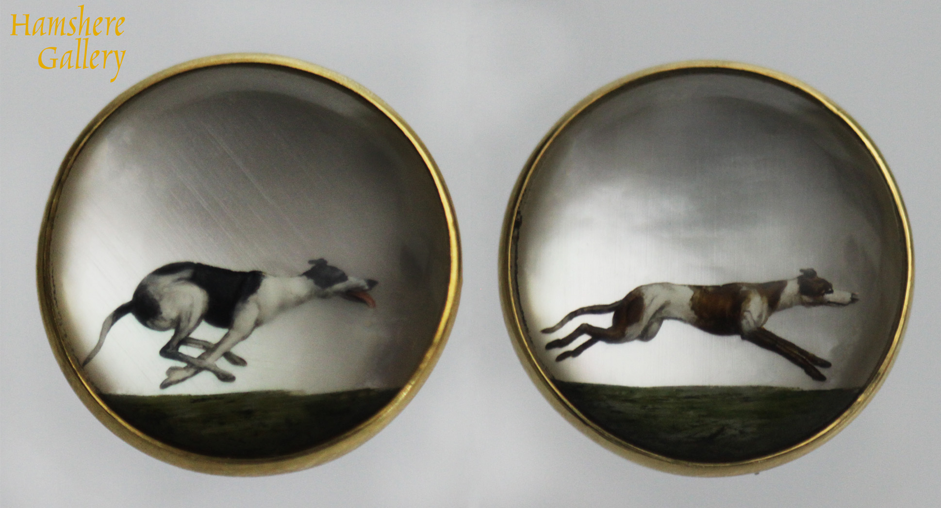Click to see full size: Pair of 18 carat gold reverse intaglio Greyhound crystal cufflinks