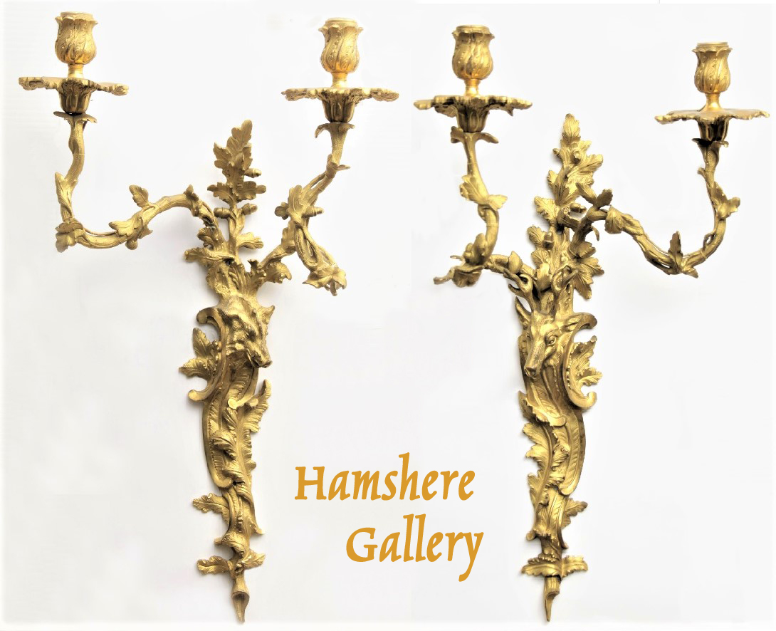 Click to see full size: 19th century, French bronze doré hunting / ‘chasse’ boar stag / sanglier cerf wall sconces / ‘appliques’after Jean Joseph de Saint-Germain (French 1719-1791)