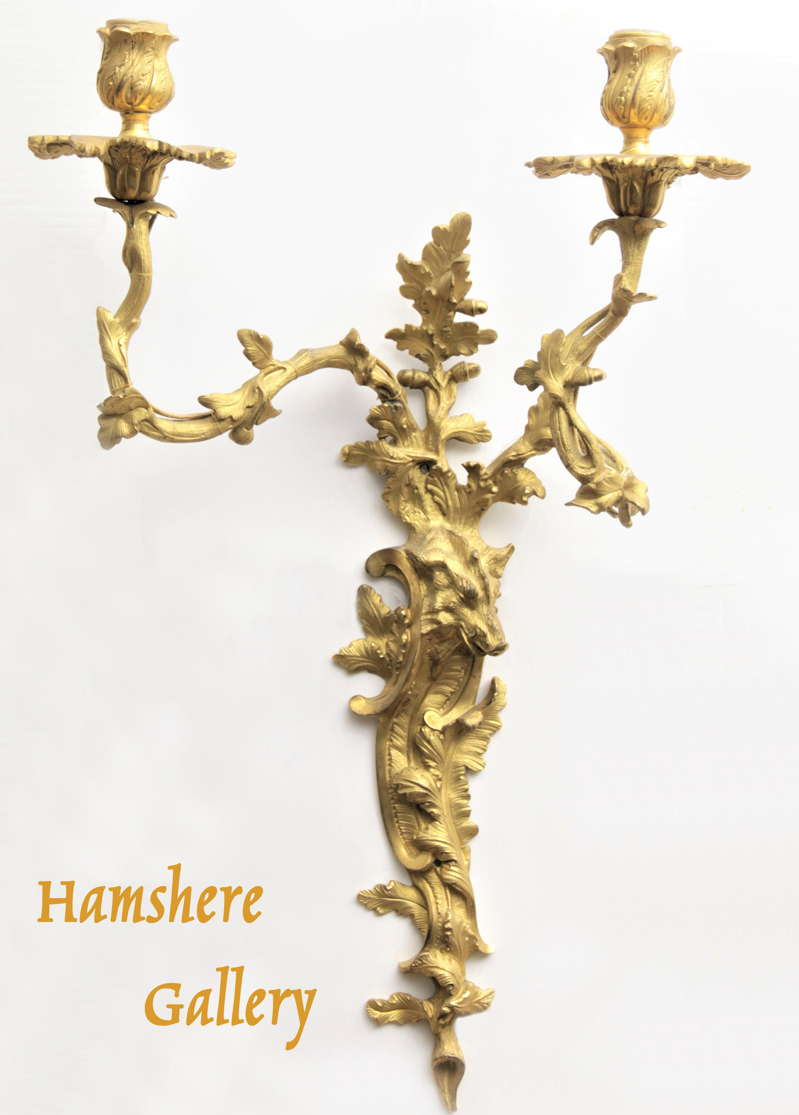 Click for larger image: 19th century, French bronze doré hunting / ‘chasse’ boar stag / sanglier cerf wall sconces / ‘appliques’after Jean Joseph de Saint-Germain (French 1719-1791) - 19th century, French bronze doré hunting / ‘chasse’ boar stag / sanglier cerf wall sconces / ‘appliques’after Jean Joseph de Saint-Germain (French 1719-1791)