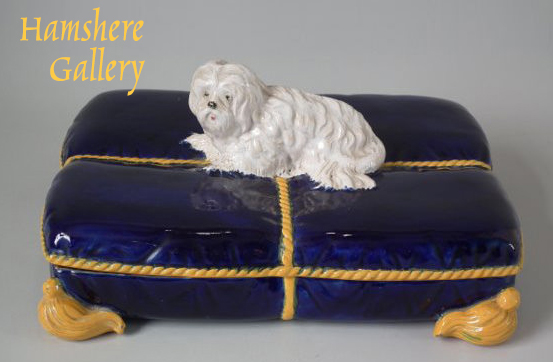 Click to see full size:  A circa 1870 Majolica Maltese Terrier box by George Jones (English, c.1823-1893)