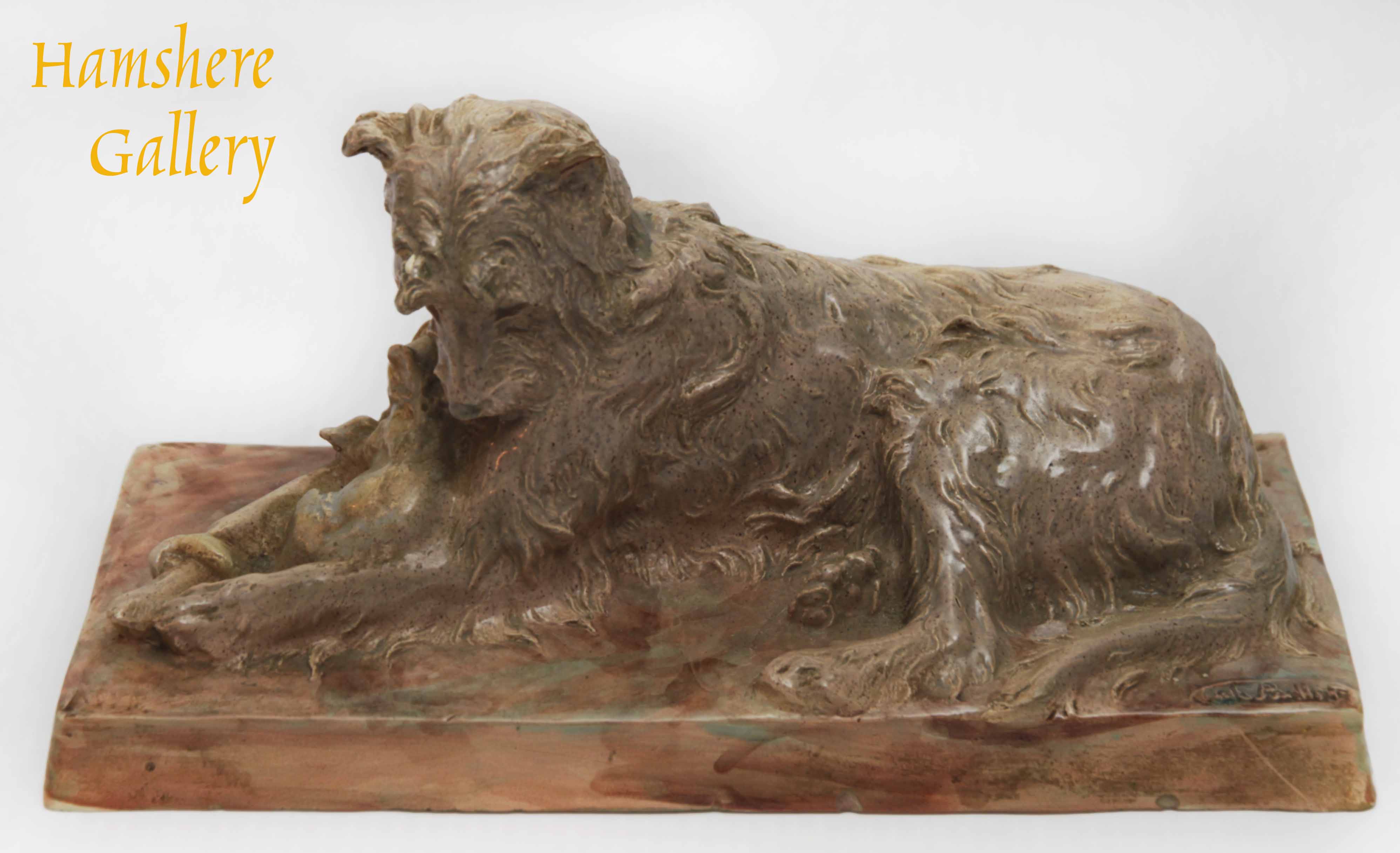 Click to see full size: “Les Deux amis” Briard and cat, enamel ceramic by Charles Paillet (French, 1871-1937)