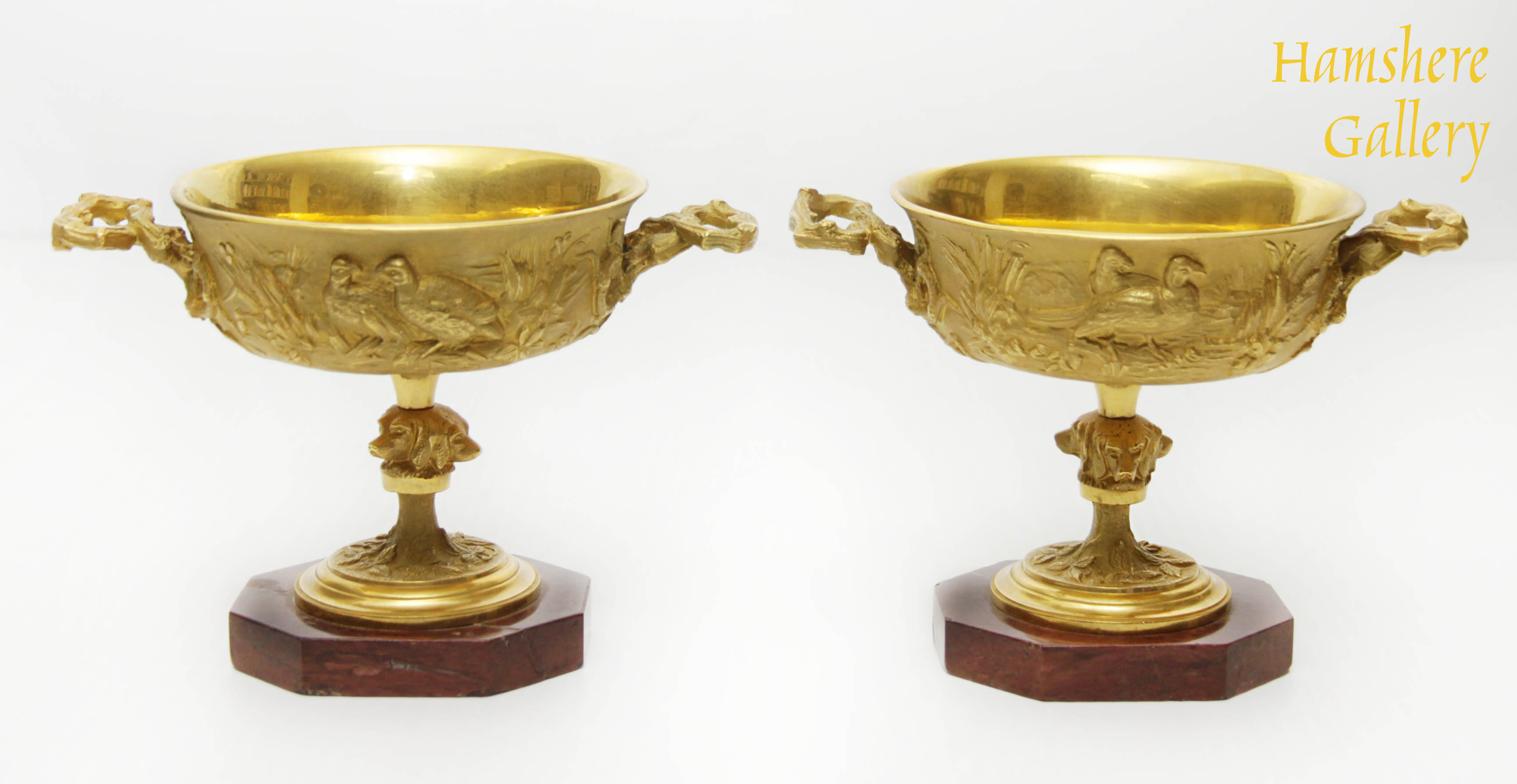 Click for larger image: A pair of bronze dore hunting / chasse, tazza / coupes of partridge, pheasants, Setter / hounds attributable to Christophe Fratin (French, 1800-1864) - A pair of bronze dore hunting / chasse, tazza / coupes of partridge, pheasants, Setter / hounds attributable to Christophe Fratin (French, 1800-1864)