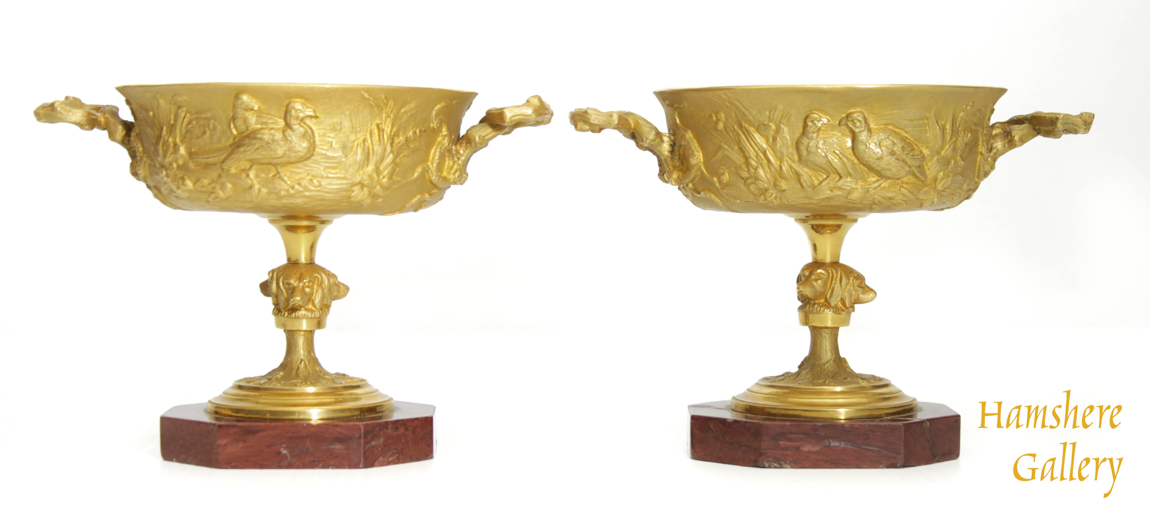 Click to see full size: A pair of bronze dorÃ© hunting / chasse, tazza / coupes of partridge, pheasants, Setter / hounds attributable to Christophe Fratin (French, 1800-1864)