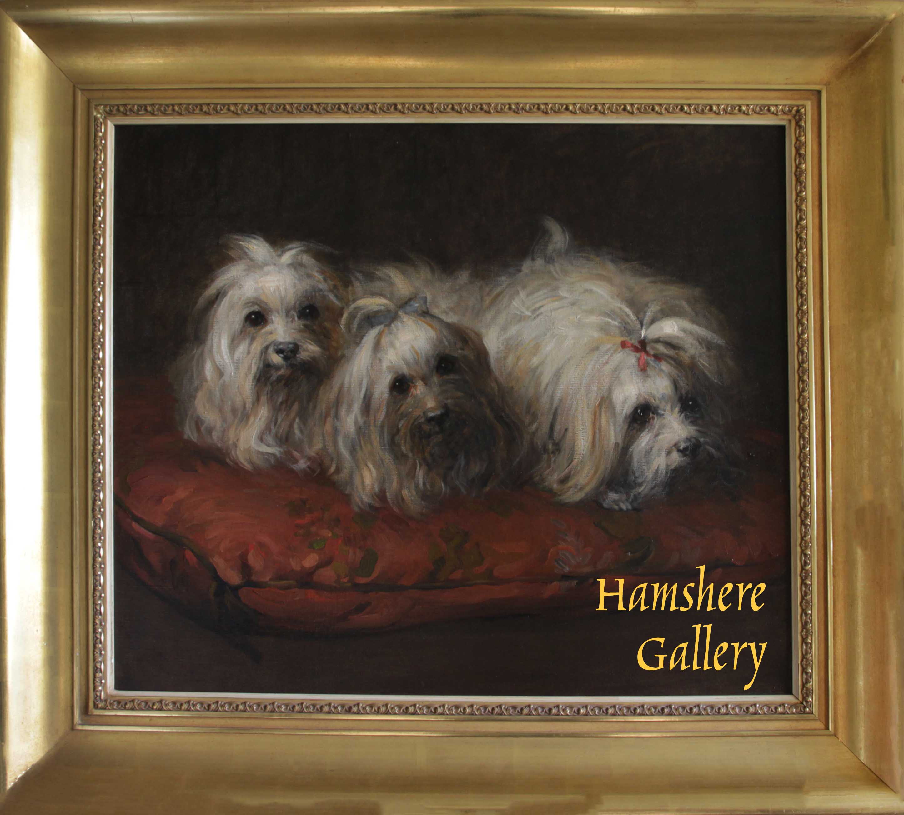 Click to see full size: French 19th century oil of three Maltese Terriers recumbent upon a sumptuous cushion- French 19th century oil of three Maltese Terriers recumbent upon a sumptuous cushion