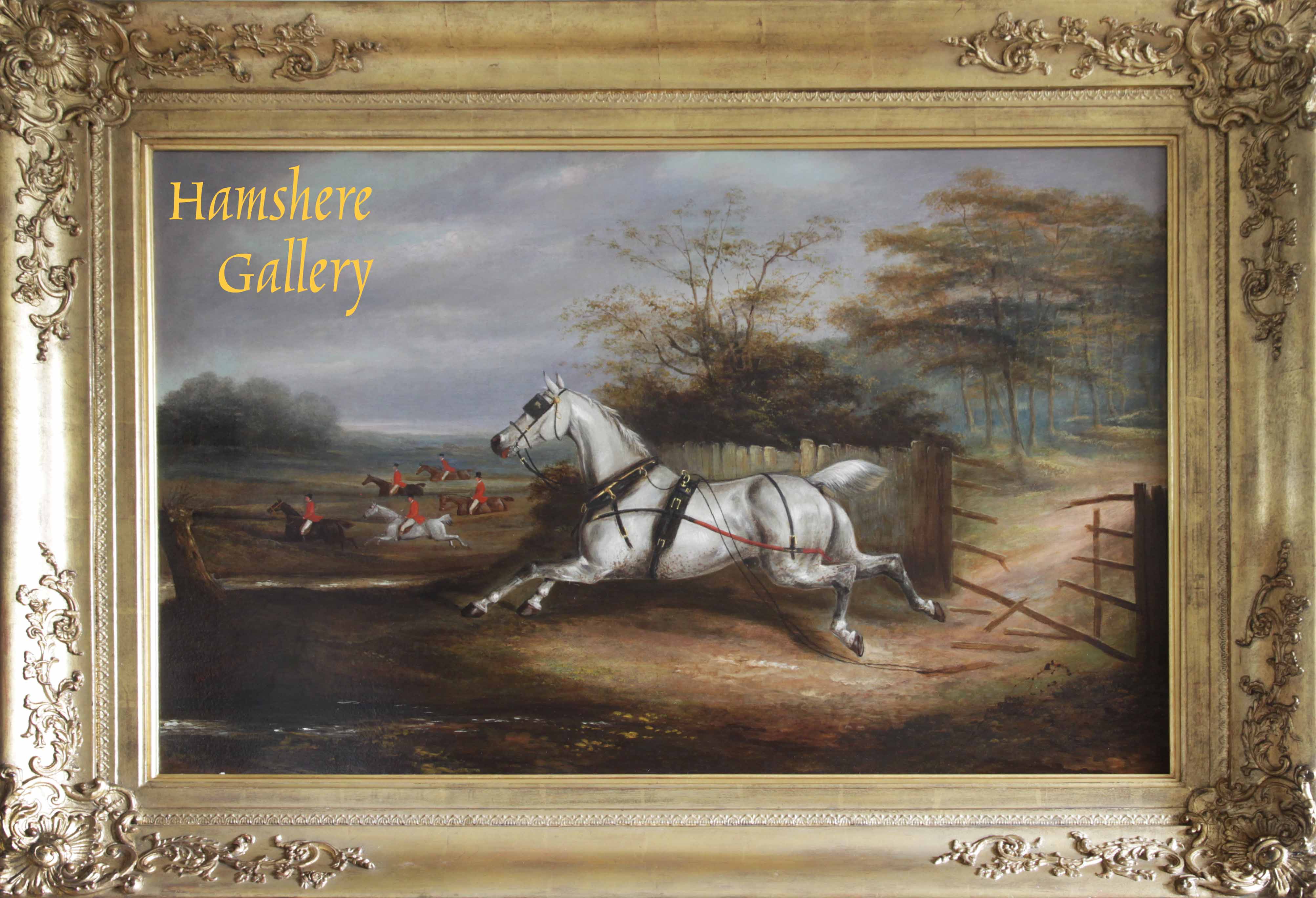 Click to see full size: A runaway Hackney Carriage horse, oil, by James Clark (fl.1858-1909)- A runaway Hackney Carriage horse, oil, by James Clark (fl.1858-1909)