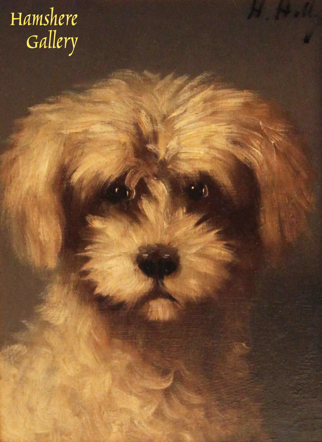 Click to see full size: Oil on panel of a Maltese / Bichon type terrier by â€œH Hillyâ€ in manner Jules l Chardigny (French, 1842-1892)