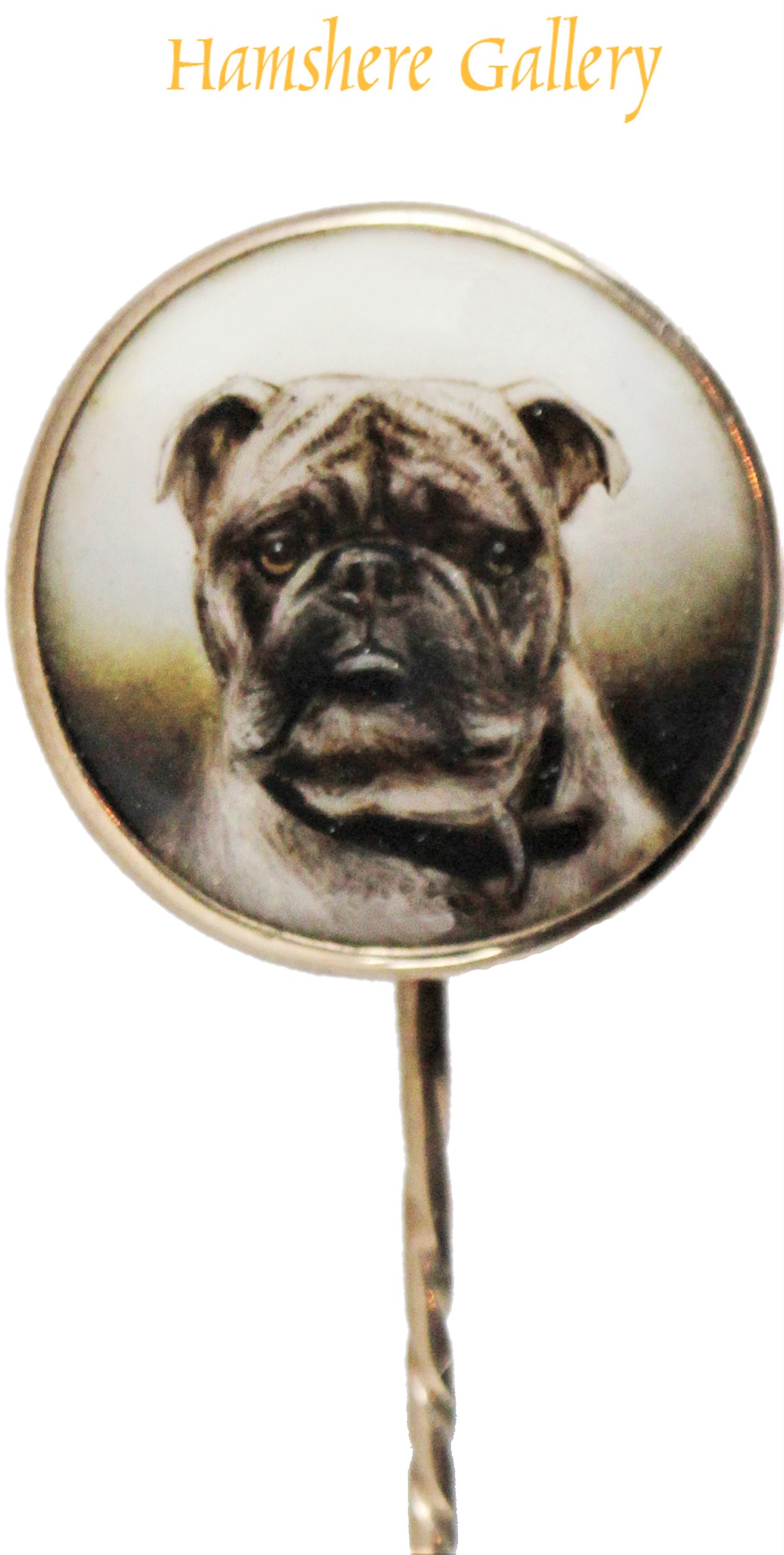 Click to see full size: Gold mounted enamel stick pin of the Bulldog Champion Pathfinder by James (John) William Bailey (1831-1914)- Gold mounted enamel stick pin of the Bulldog Champion Pathfinder by James (John) William Bailey (1831-1914)