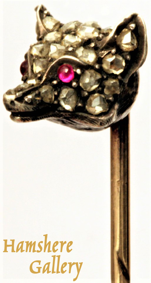 Click for larger image: A Victorian diamond and gold Fox mask pin - A Victorian diamond and gold Fox mask pin