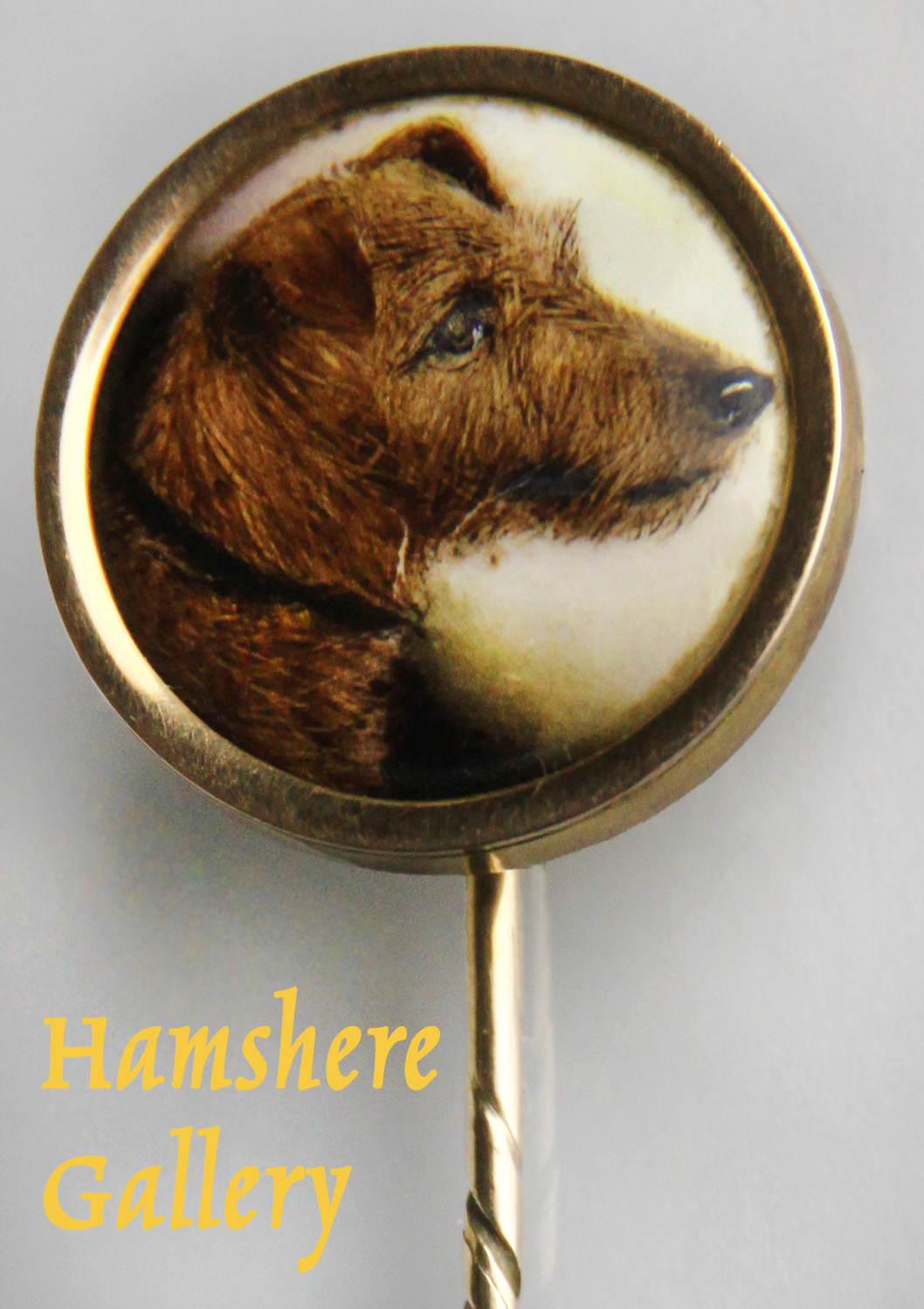 Click to see full size: The Irish Terrier “Fire-flyer”, enamel stick pin by John William Bailey (English, 1831 – 1914)