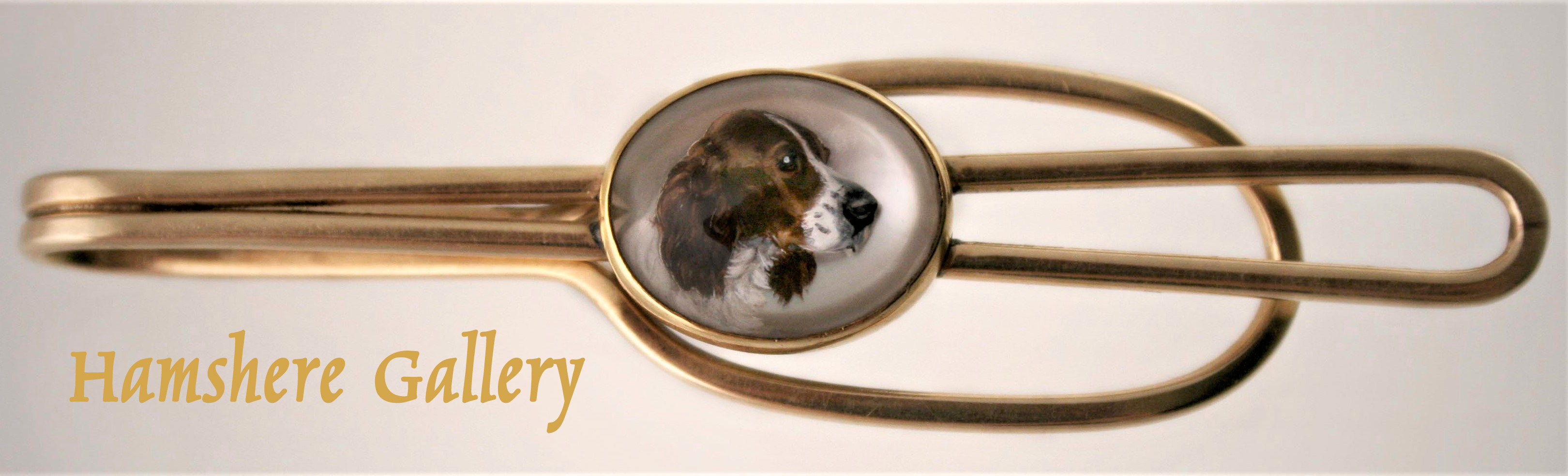 Click to see full size: merican, 14 carat gold money clip / tie clip set with Springer Spaniel reverse intaglio crystal 